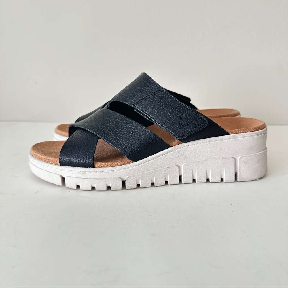 Vionic Black Leather Cross-Strap Slide Sandals with White Platform